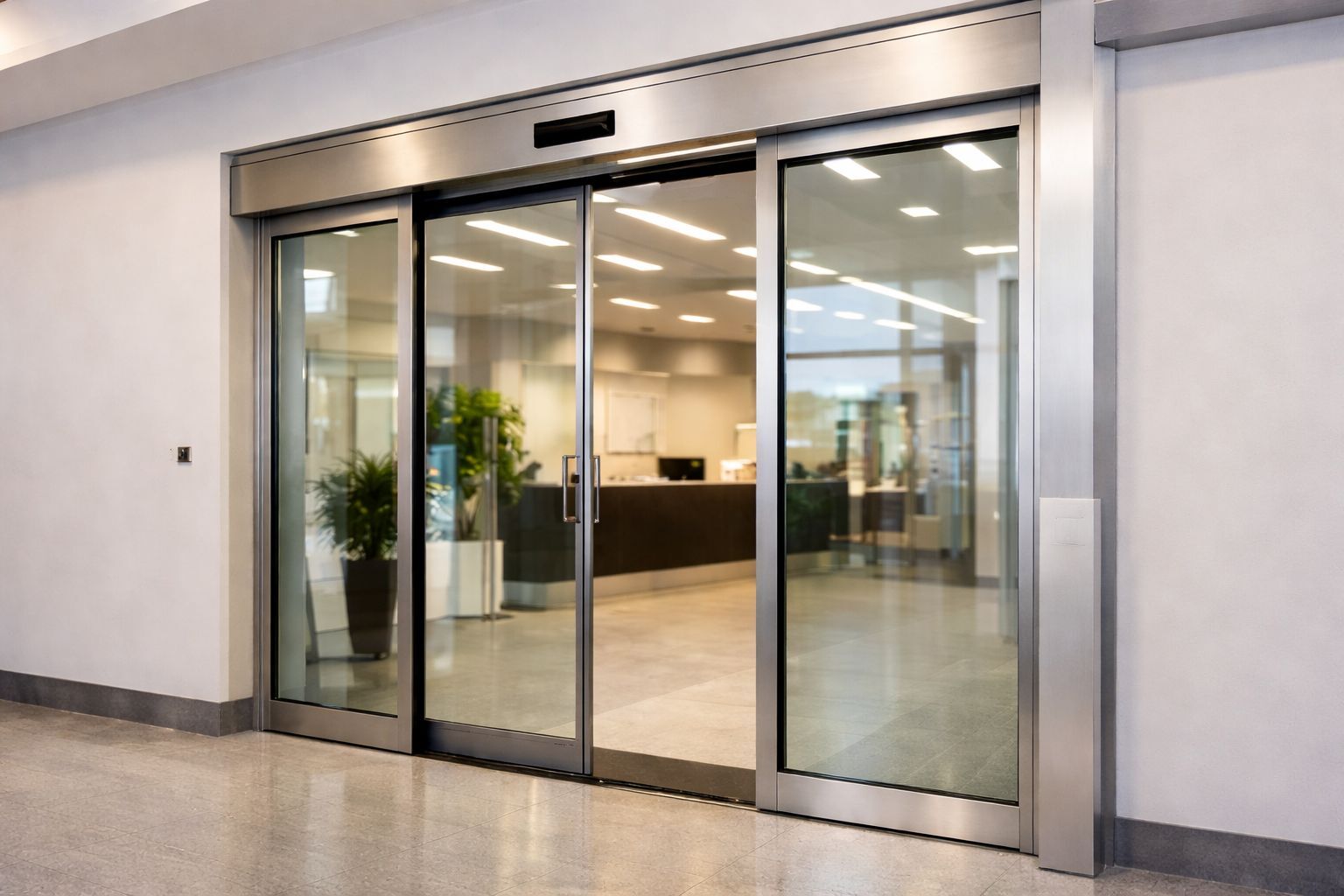 Porta scorrevole automatica in vetro e acciaio all'ingresso di un ufficio