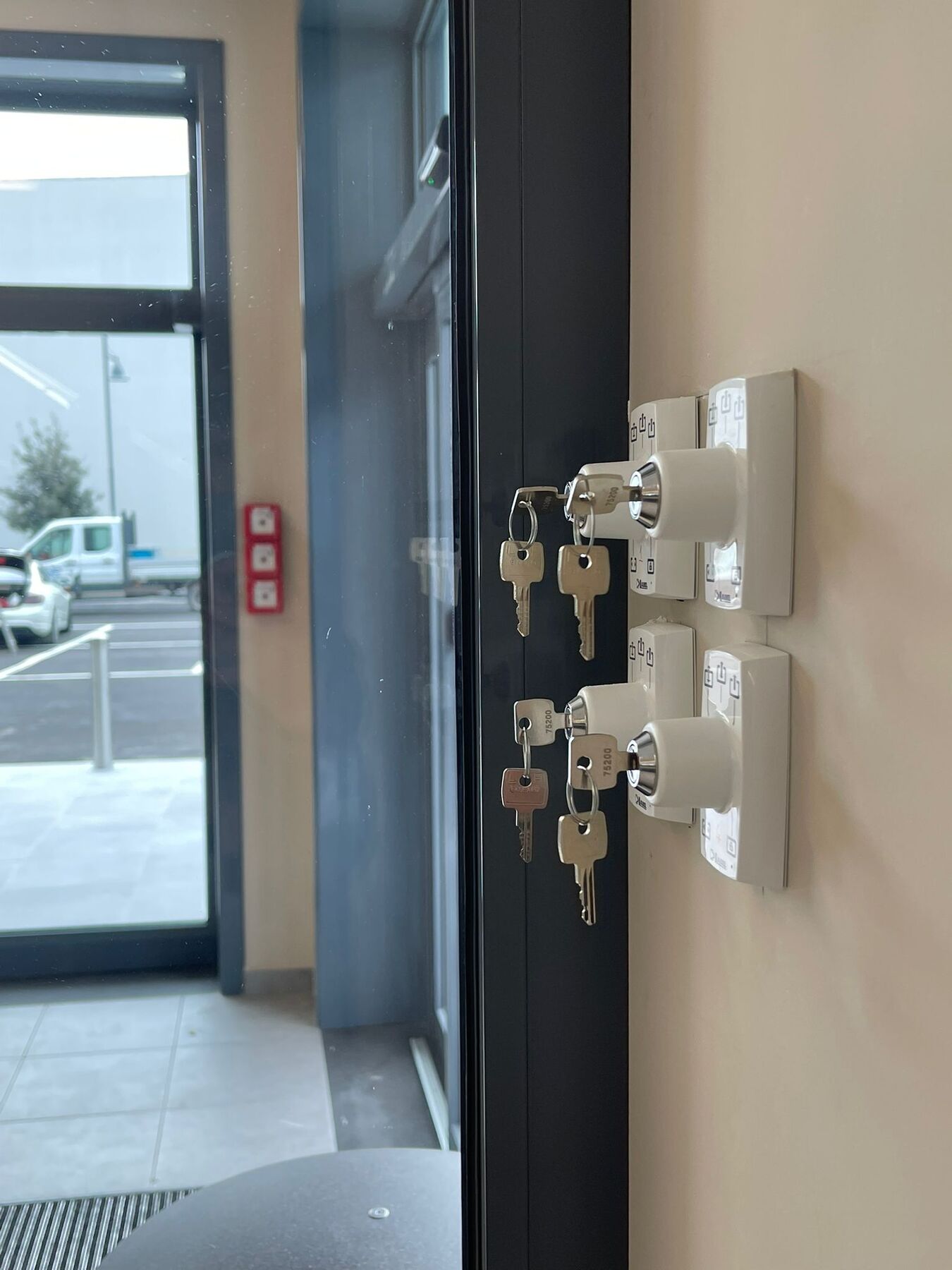 Dettaglio cilindri di sicurezza e lettori badge su porta automatica